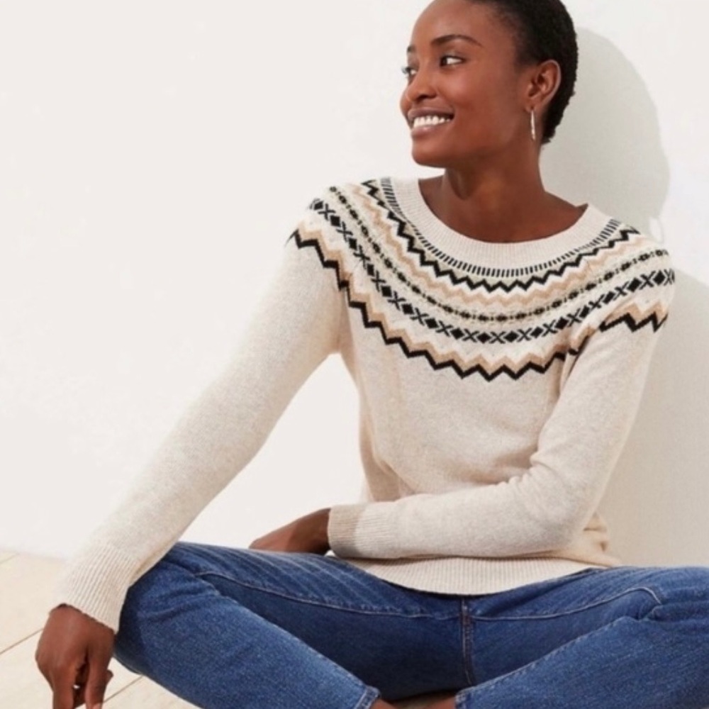 Loft Fair Isle Crew Neck Beige/ Oatmeal Metallic Trim Sweater L